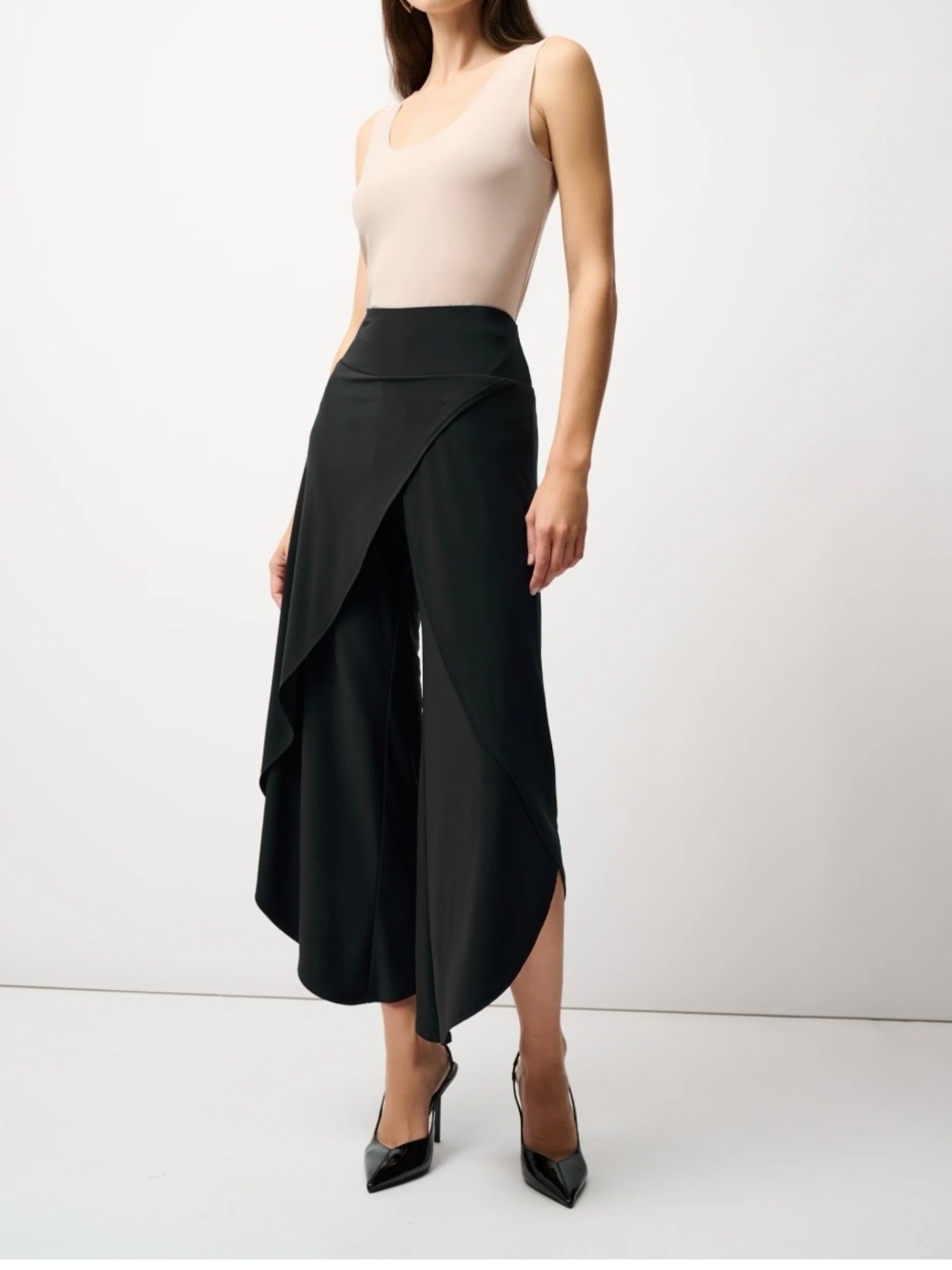 Joseph Ribkoff Black Overlay Tulip Pants Assymetricsl Elastic Waist Sz 12